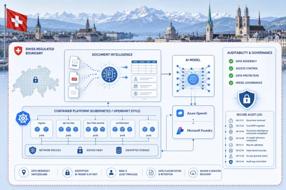 Swiss city skyline backdrop with a cybersecurity/AI workflow diagram for document intelligence and audited governance.