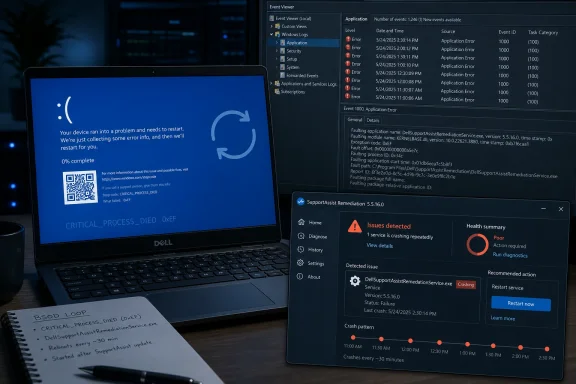 Dell laptop shows a critical BSOD error while Event Viewer and a health panel report a repeatedly crashing service.
