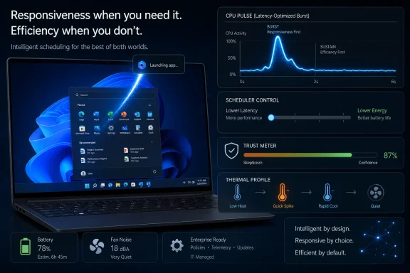 Blue-lit laptop display shows CPU scheduling, efficiency and thermal metrics with “Responsive when you need it.”