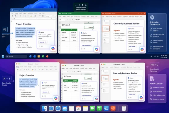Multi-app interface showing Microsoft Copilot creating project docs, spreadsheets, and a presentation dashboard.