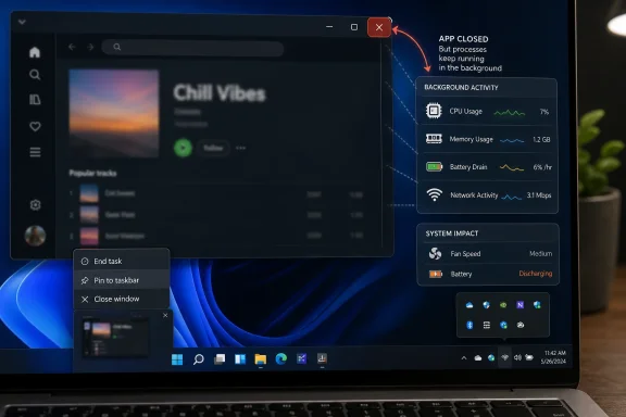 Laptop shows task-ending menu and system background activity with CPU, memory, battery, and network stats.