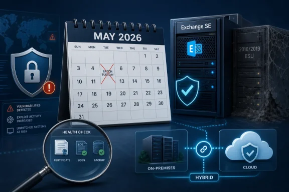 Cybersecurity concept with a May 2026 patch calendar, server racks, shield icons, and health-check dashboard.