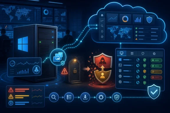 Cybersecurity dashboard with cloud, antivirus, and shield icons protecting servers in a dark data center scene.