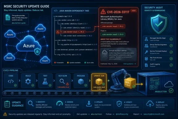 MSRC Security Update guide infographic highlighting a high-severity CVE-2026-33117 MSAL Java fix for Azure CI/CD.