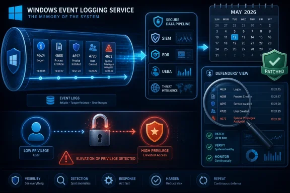 Futuristic Windows event logging dashboard shows secure data pipelines, user activity, and patched security status.