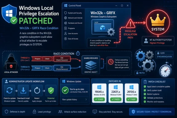 Cybersecurity infographic showing patched Windows local privilege escalation via Win32k graphics race condition.