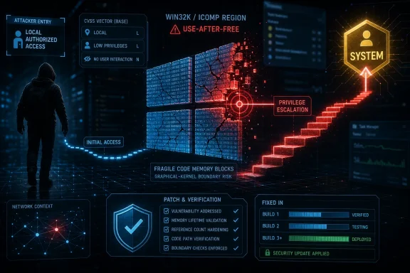 Hacker silhouette in a cyber-security UI shows system exploitation with “use-after-free” and privilege escalation.