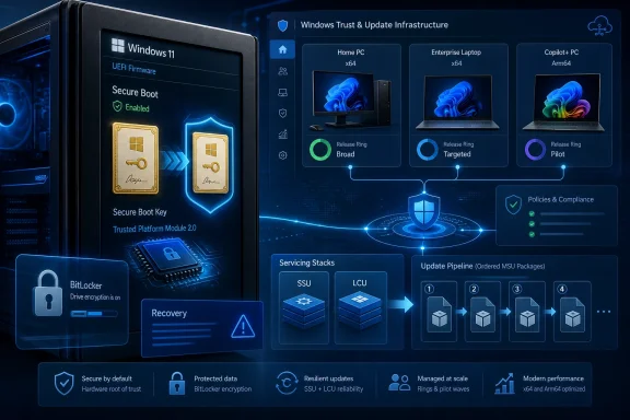 Futuristic Windows 11 secure boot and update infrastructure diagram with TPM/BitLocker and servicing pipeline.