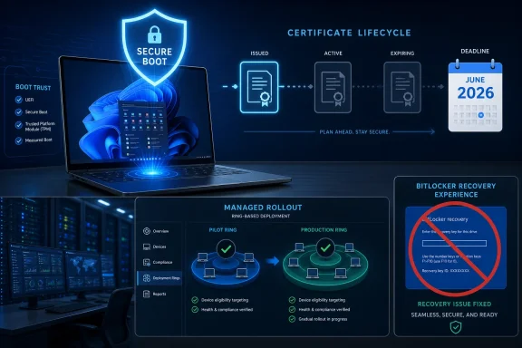 Secure boot certificate lifecycle with a laptop, approval flow (issued→active→expiring), and BitLocker recovery panel.