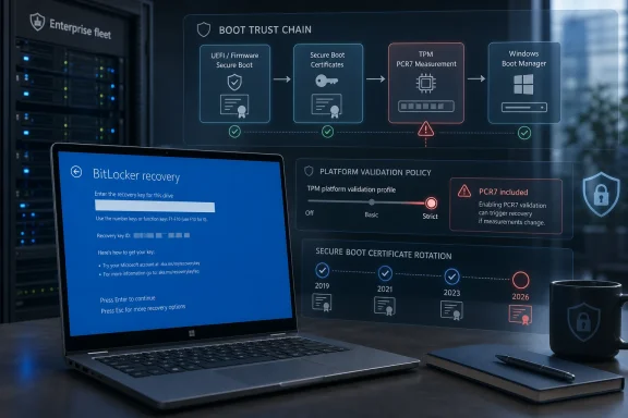 Laptop screen shows BitLocker recovery and a secure boot trust chain diagram with TPM and certificate rotation.