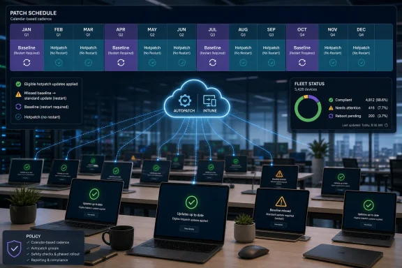 Dashboard showing an autopatch/Intune patch schedule across months, with fleet compliance status and restart warnings.