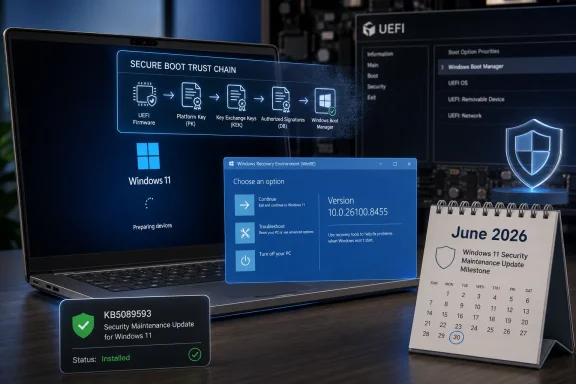 Windows 11 security maintenance update screen shows Secure Boot trust chain on a laptop display.