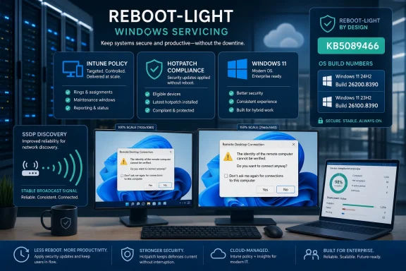 Tech banner for “REBOOT-LIGHT Windows Servicing” showing secure patching, Intune policy, and Remote Desktop prompts.