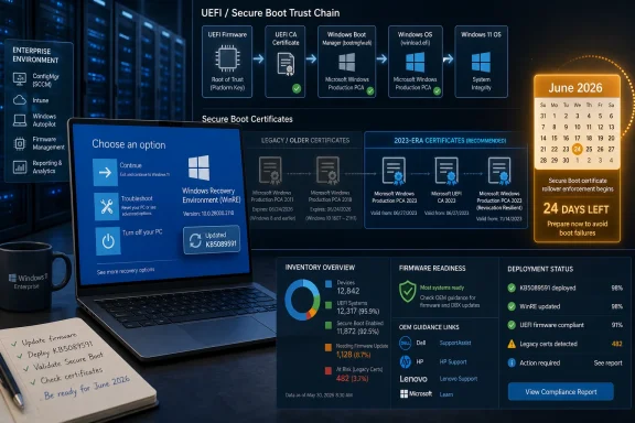 Secure Boot trust chain and June 2026 Windows rollout dashboard shown on a server-room backdrop.