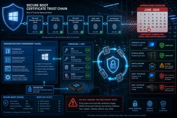 Secure Boot trust chain diagram showing certificate validation, recovery tools, and a June 2026 deadline.