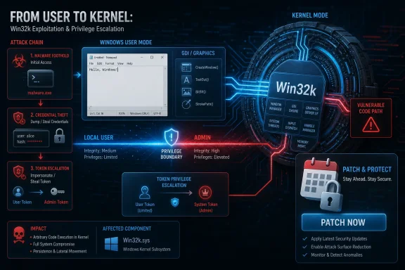 Cybersecurity diagram showing “Win32k” kernel-mode privilege escalation steps and patch protection.