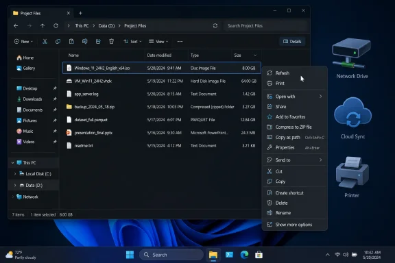 Windows File Explorer shows selected disk image and folder files with a context menu on the desktop.