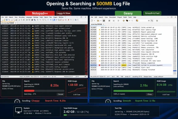 Comparison of opening and searching a 500MB server log file in Notepad++ versus Geany.