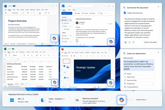 Microsoft Copilot UI shows summaries and editing across Word, Outlook, Excel, and PowerPoint.