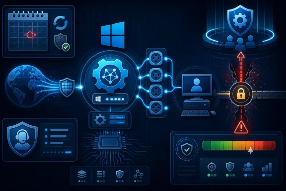 Futuristic cybersecurity dashboard with shield, server icons, firewall activity, and warning lock graphic.