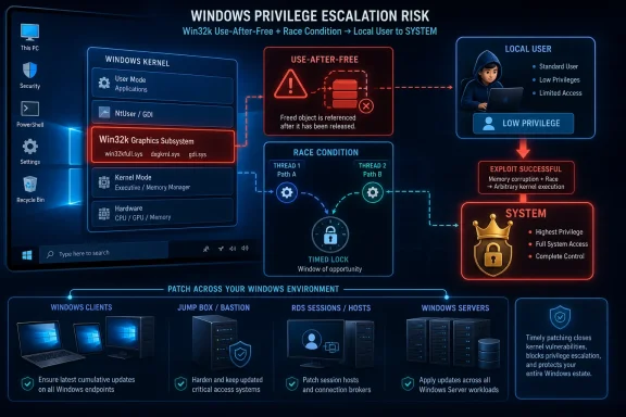 Infographic showing Windows privilege escalation risk with use-after-free, race condition, exploit success, and patching tips.