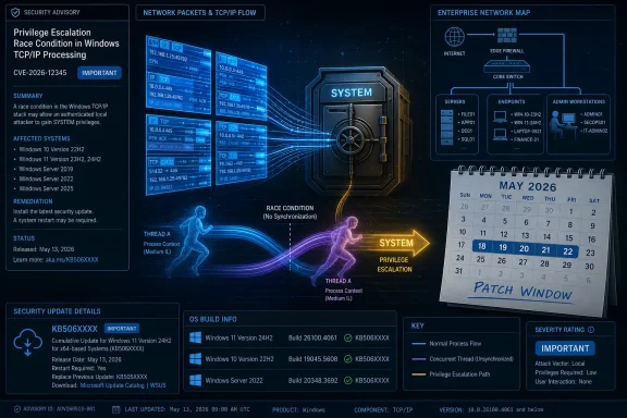 Cybersecurity advisory graphic for Windows TCP/IP race condition leading to privilege escalation, with network map and patch date.