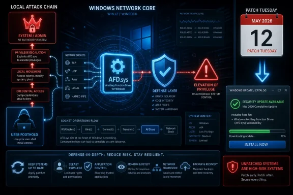 Cybersecurity infographic depicting an AFD.sys Windows attack chain, privilege escalation, and May 2026 patch warning.