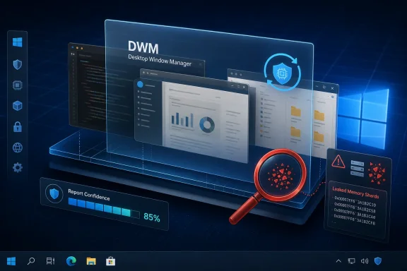 Futuristic desktop window manager interface with memory leak warning and malware-style diagnostics.