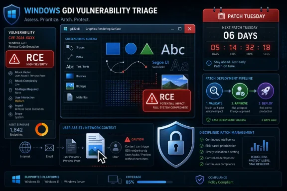 Windows GDI vulnerability triage dashboard showing Patch Tuesday countdown, RCE risk, and deployment pipeline.