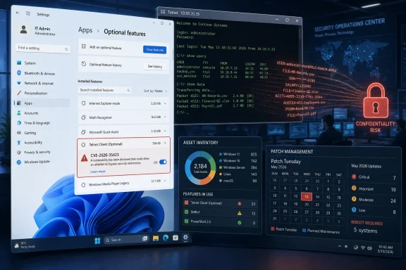 Windows settings show optional Telnet Client feature with security-risk and patch-management dashboard overlays.