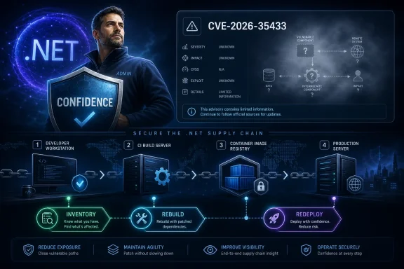 Cybersecurity concept image showing an admin securing the net supply chain against CVE-2026-35433.