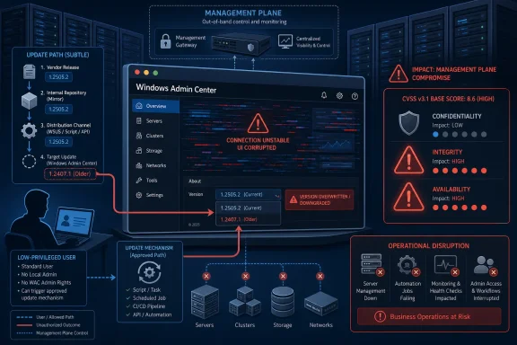 Diagram shows Windows Admin Center management plane with unstable connection, version overwritten, and operational disruption risks.