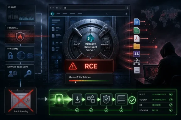 Cybersecurity dashboard showing Microsoft SharePoint server status with an RCE alert and protection icons.