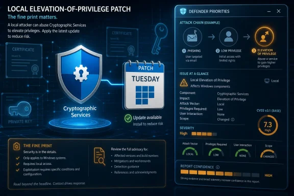 Cybersecurity infographic about a “Local Elevation-of-Privilege Patch” for cryptographic services, showing attack chain and severity.