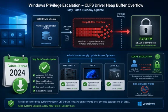 Windows Patch Tuesday graphic showing a CLFS driver heap buffer overflow fixed via local escalation to SYSTEM.