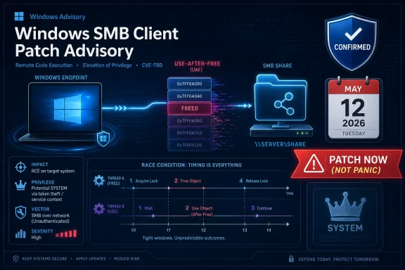 Cybersecurity graphic warning about Windows SMB Client Patch Advisory with “Confirmed” shield and “Patch Now” notice.