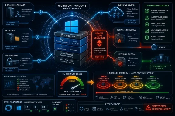 Diagram of a Microsoft Windows network security architecture showing segmentation, firewalls, monitoring, and patching.