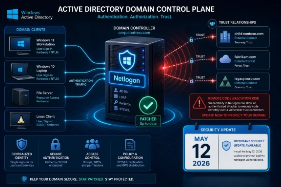 Active Directory domain controller security infographic showing Netlogon trust relationships, clients, and patch update.