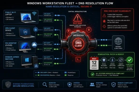 Infographic showing secure DNS resolution flow across Windows workstations, with DNS client vulnerability risk and patch/remediation.