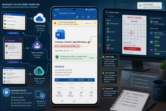 Microsoft 365 mobile document workflow graphic showing secure cloud sync, version history, and Patch Tuesday updates.