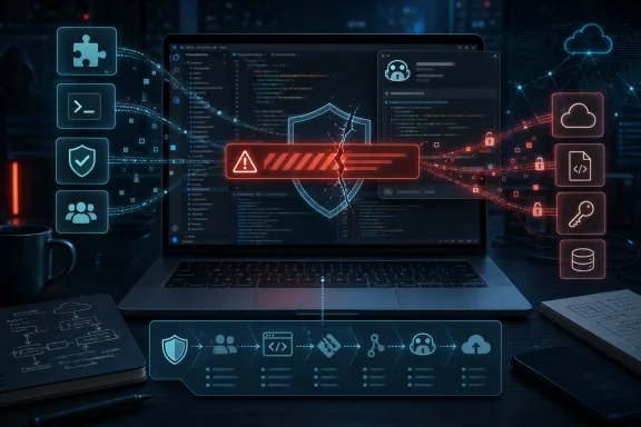 Laptop screens show code and cybersecurity icons, with a central warning sign over a networked threat dashboard.