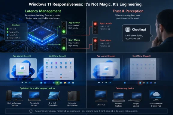 Infographic comparing Windows 11 app launch and start menu latency for smooth vs sluggish, with trust insights.
