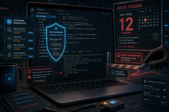Glowing laptop UI shows code editing with security warnings about untrusted repository and token bypass.
