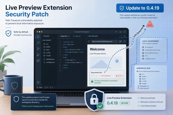 Promotional graphic for Live Preview Extension security update 0.4.19, showing path traversal fix and local data protection.