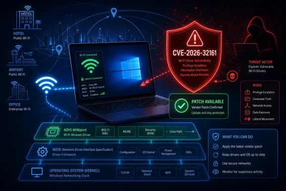 Cybersecurity graphic showing a Wi‑Fi driver vulnerability threat and recommended patch protection.
