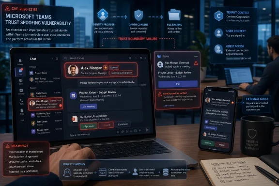 Graphic showing a Microsoft Teams trust boundary spoofing attack (CVE-2026-32185) impacting external users and file access.