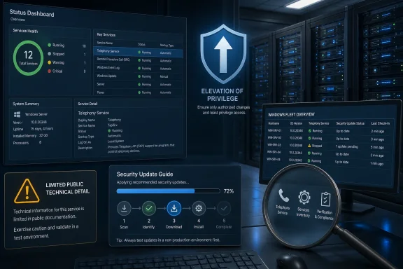 Cybersecurity dashboard on a server room display shows service health, updates, and compliance under a shield icon.