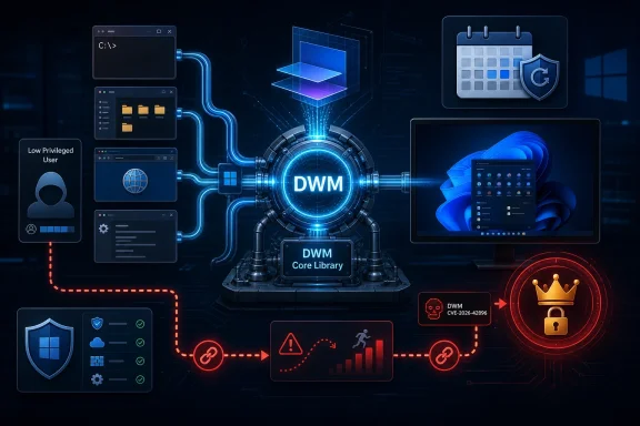Cybersecurity dashboard showing DWM core library, low-privileged user warnings, and CVE-2026-4296 lock icon.
