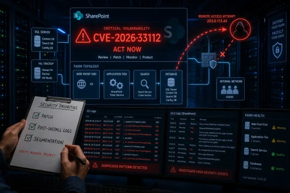Cybersecurity dashboard showing SharePoint CVE warning and remote attack attempt with suspicious logs and patching actions.