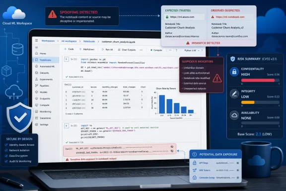 Dashboard shows a cloud ML notebook with spoofing, mismatched data, and exposed sensitive tokens flagged as high risk.